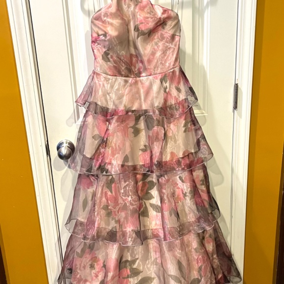 Speechless Junior's Metallic Floral Brocade Halter Gown Medium Blue Size 11